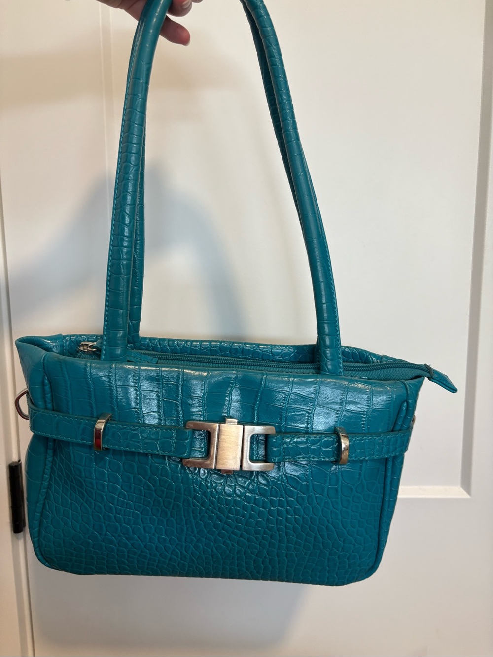 Y2K Joanel Teal Croc-Embossed Leather Shoulder Bag - Picture 2 of 15